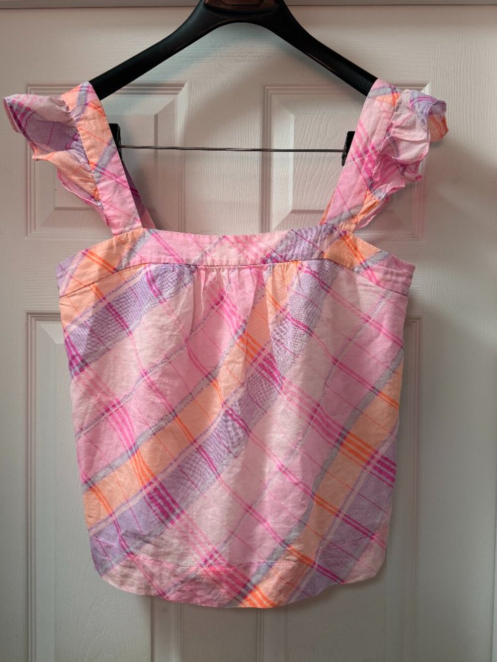 Lilly Pulitzer 100% Cotton Plaid Pastel Flutter Sleeve Cotton Top Lined sz Large
